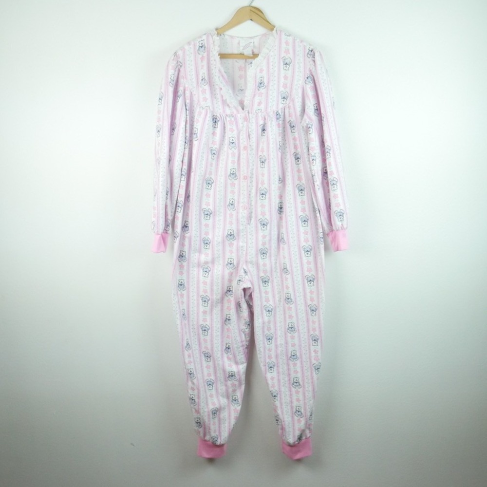 Vintage Pinwheels Teddy Bear Pajama Jumpsuit Cotton Flannel 80s 90s Large Cute